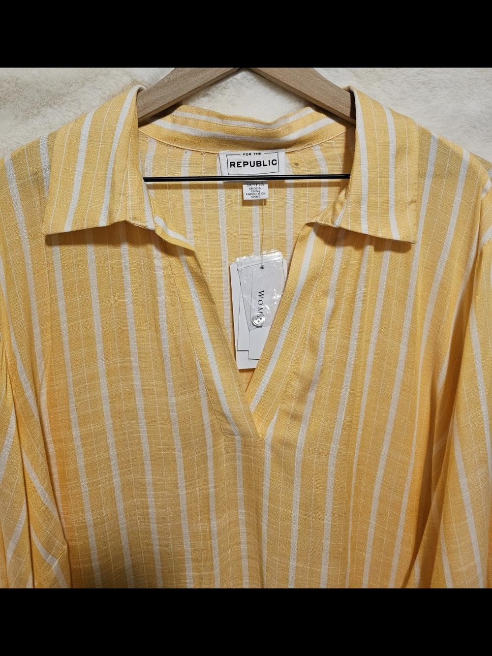 For The Republic Yellow & White Striped V-Neck Collared Top